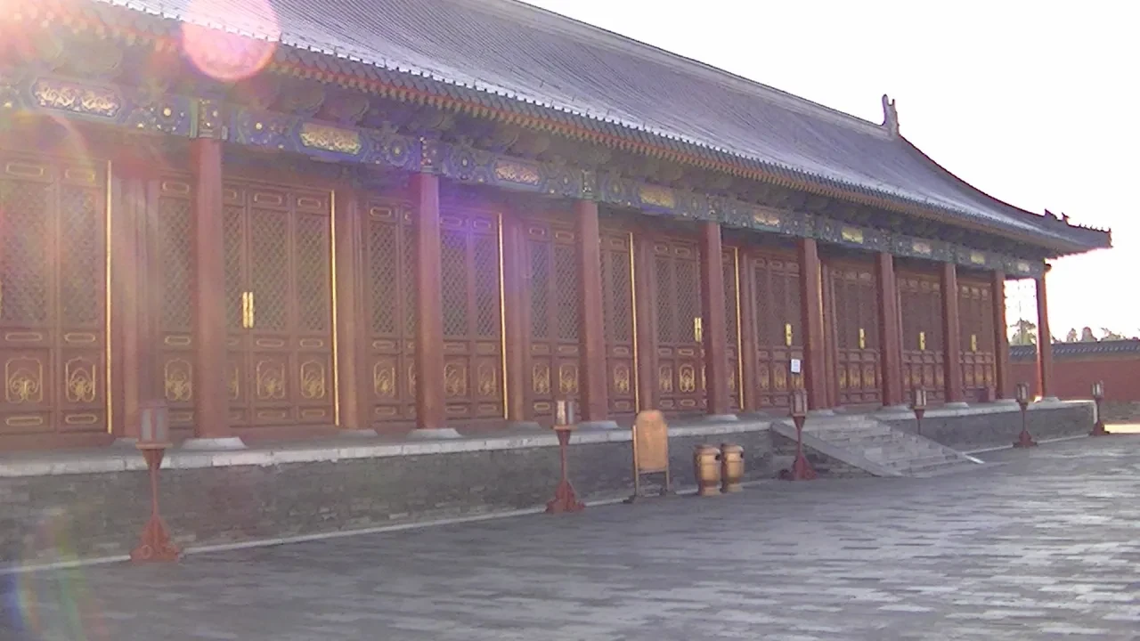 Long ceremonial hall at the Temple of Heaven complex bathed in morning light