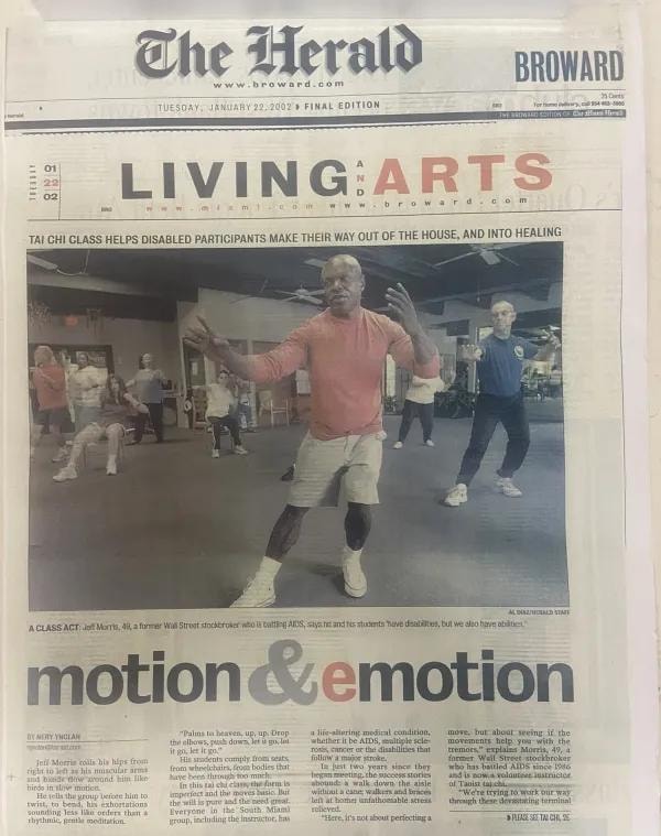 The Herald front page — Living & Arts section featuring Tai Chi class for disabled participants