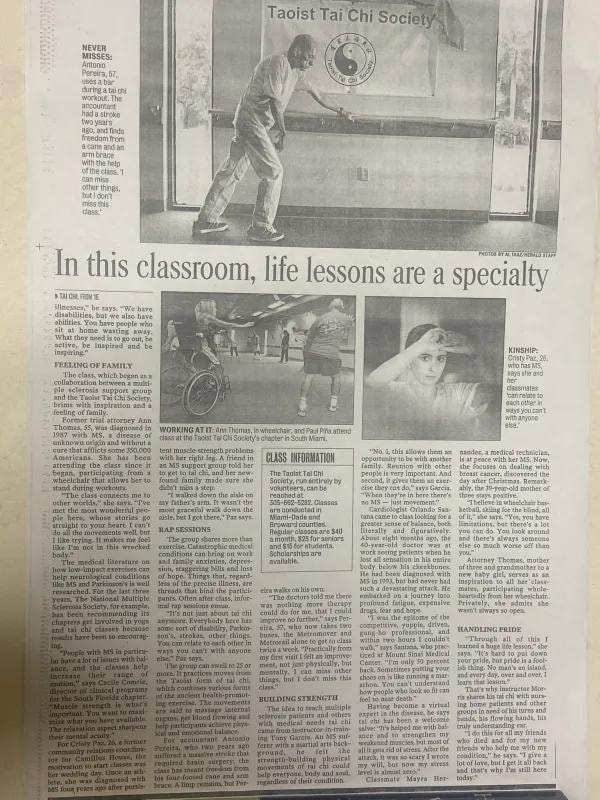 The Herald — In this classroom, life lessons are a specialty — Taoist Tai Chi Society article